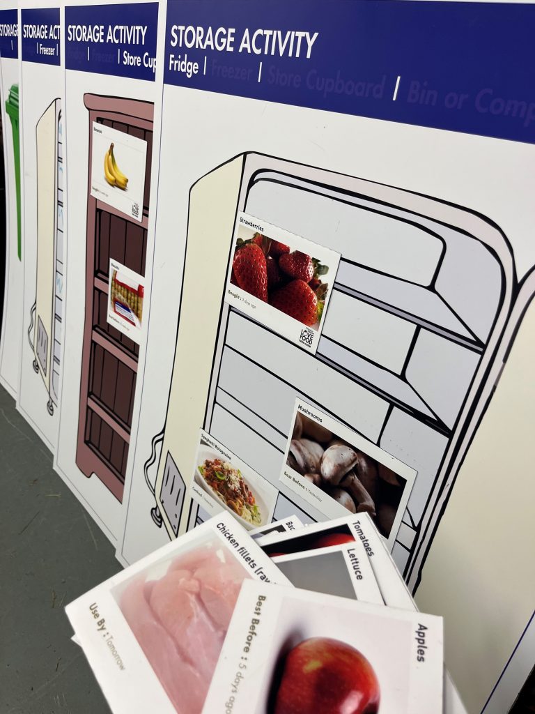 Large boards with images of a bin, a freezer, a cupboard and a fridge.