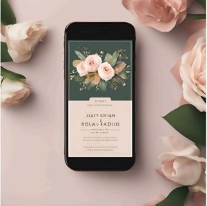 A phone displaying a digital wedding invitation on the screen