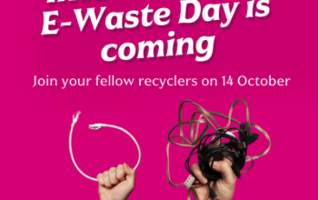 Hands holding bundles of cables. Text reads "International e-waste day is coming. Join your fellow recyclers on 14th October 2024".