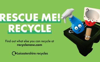 Rescue Me Recycle headline with characters in the bin