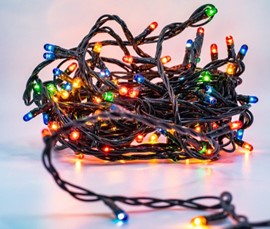 A picture of a bundle of multicoloured lit green wired fairy lights. 