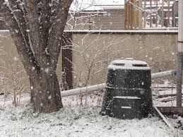 A black compost bin and surrounding lawn covered with a sprinkling of snow.