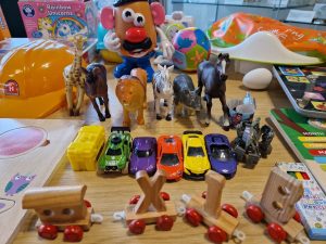 A selection of used toys ready for rehoming